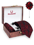 Blacksmith Black Flower Tie , Cufflink , Pocket Square and Lapel Pin Gift Set for Men [ Pack of 4 ]