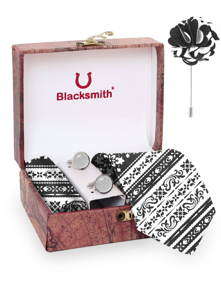 Blacksmith Bohemian Multicolor Printed Tie , Cufflink , Pocket Square and Lapel Pin Gift Set for Men [ Pack of 4 ]