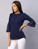 blacksmith navy blue net lycra women top for casual, corporate & office wear