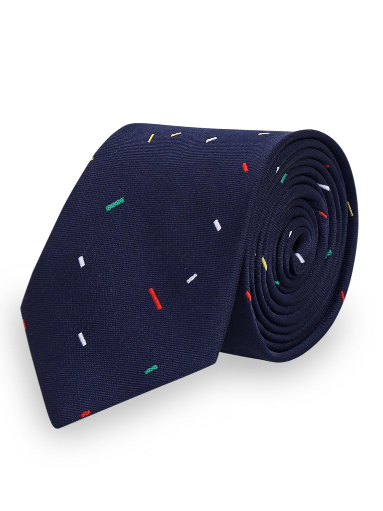 Blacksmith Navy Blue Multi Color Dashes Printed Tie and Pocket Square Set for Men with Natural Stone Cufflink and Matching Flower Lapel Pin for Blazer , Tuxedo or Coat