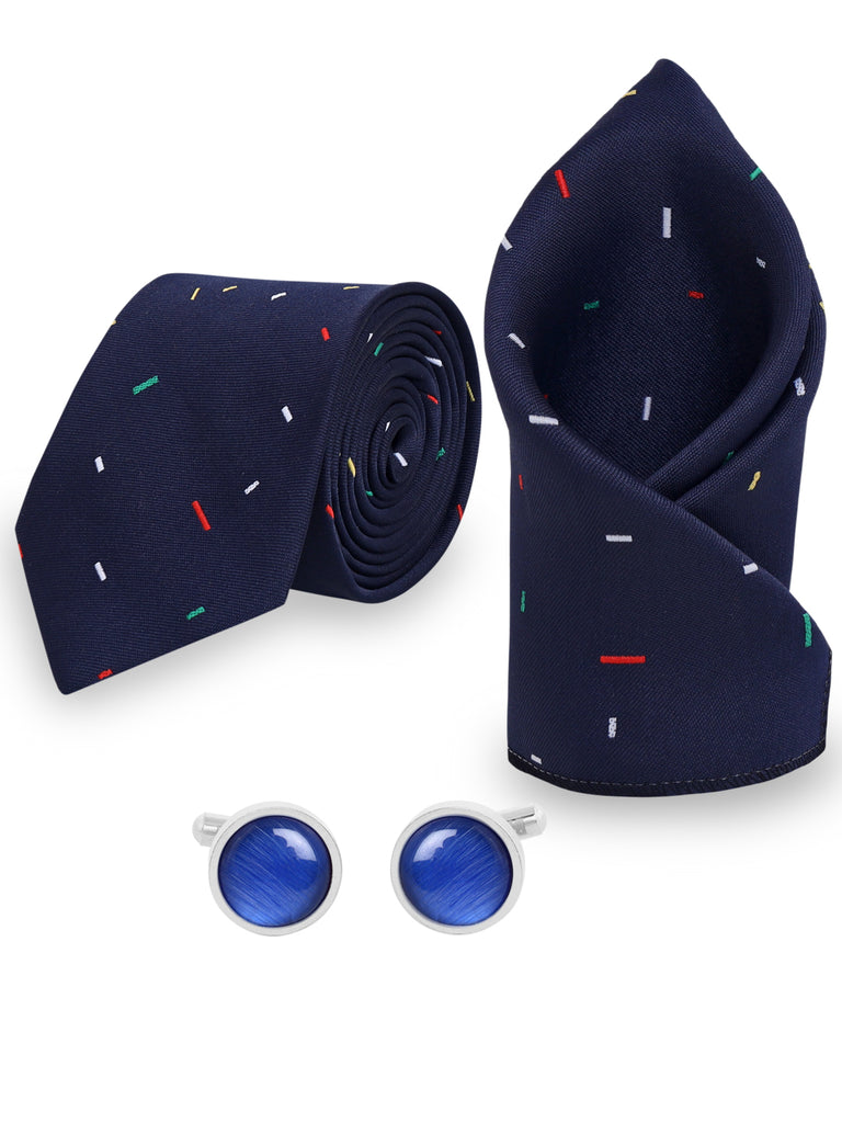 Blacksmith Navy Blue Multi Color Dashes Printed Tie and Pocket Square Set for Men with Natural Stone Cufflink and Matching Flower Lapel Pin for Blazer , Tuxedo or Coat