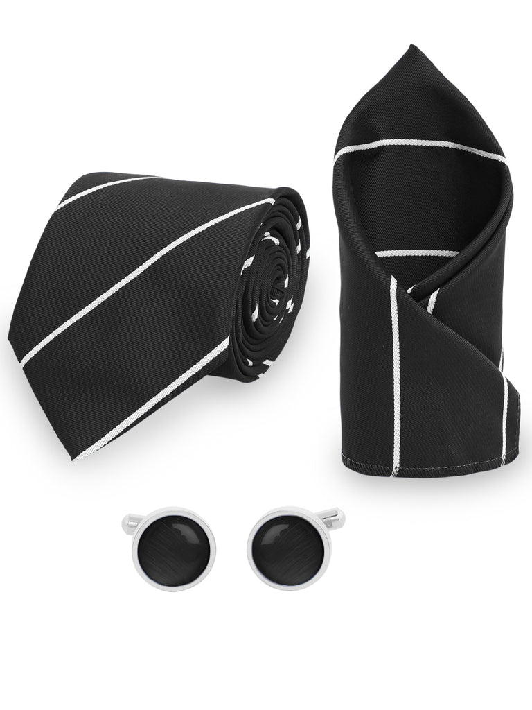 Blacksmith Black And White Tie , Cufflink , Pocket Square and Lapel Pin Gift Set for Men [ Pack of 4 ]