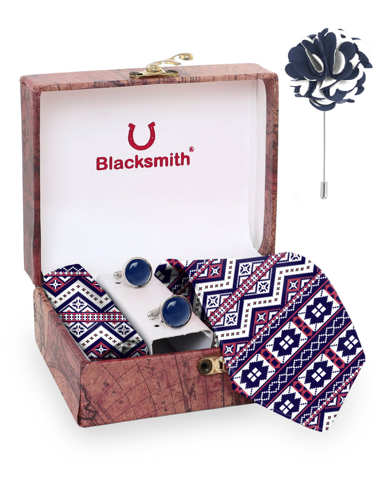 Blacksmith Bohemian Multicolor Printed Tie , Cufflink , Pocket Square and Lapel Pin Gift Set for Men [ Pack of 4 ]