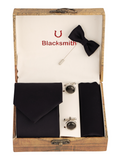 Blacksmith Solid Black Satin Tie , Cufflink , Pocket Square and Lapel Pin Gift Set for Men [ Pack of 4 ]