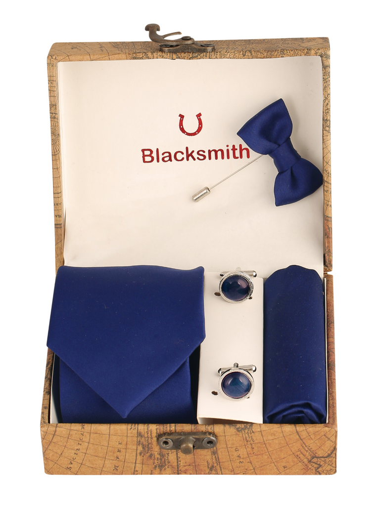 Blacksmith Solid Navy Blue Satin Tie , Cufflink , Pocket Square and Lapel Pin Gift Set for Men [ Pack of 4 ]