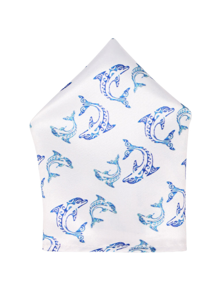 Blacksmith White and Blue Dolphin Printed Pocket Square for Men