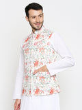 Blacksmith White and Red Floral Modi Jacket for Men - White and Red Floral Nehru Jacket for Men