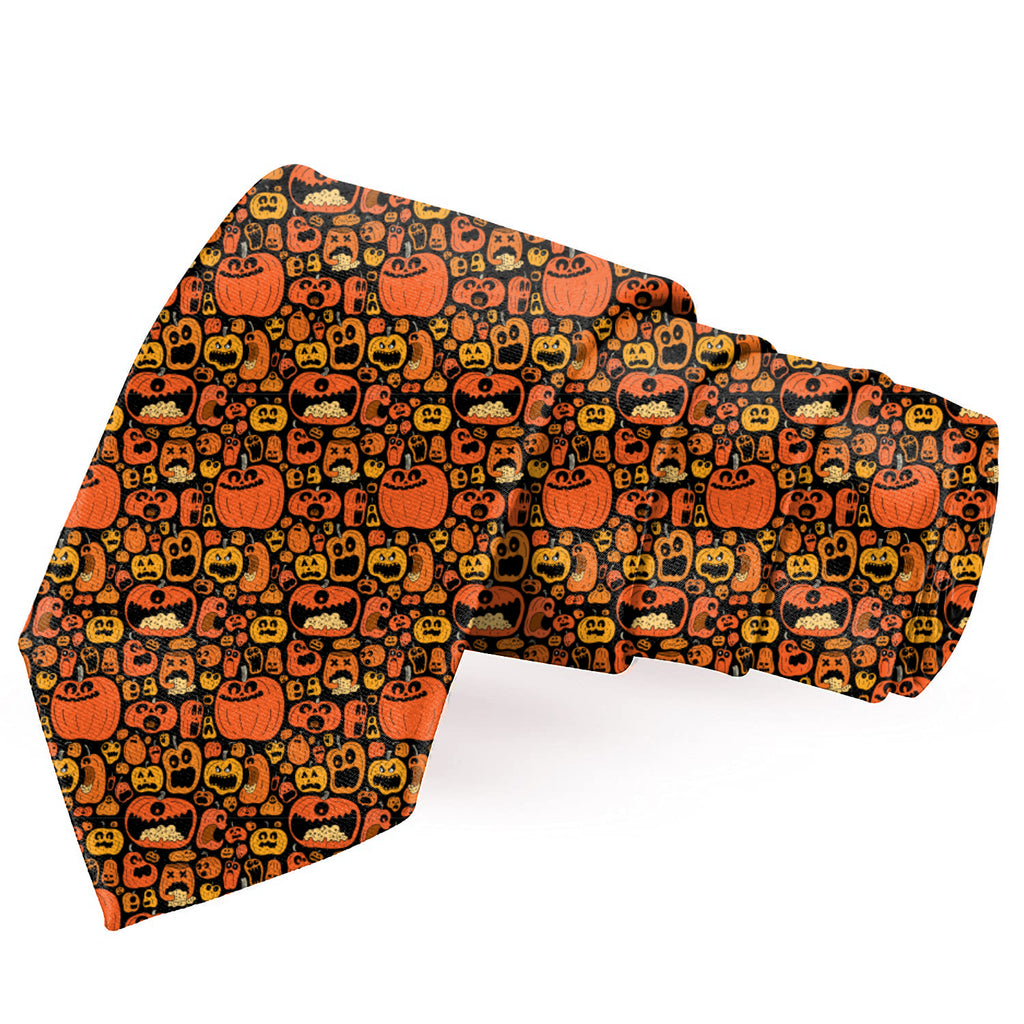 Blacksmith Black and Orange Pumpkin Printed Tie and Pocket Square Set for Men with Natural Stone Cufflink and Matching Flower Lapel Pin for Blazer , Tuxedo or Coat