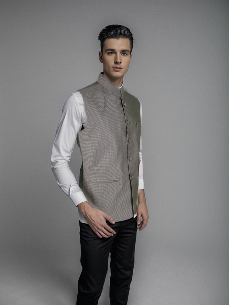 Blacksmith Grey and White Diamond Modi Jacket for Men - Grey and White Diamond Nehru Jacket for Men