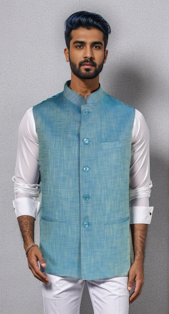 Blacksmith Turquoise Linen Modi Jacket for Men - Turquoise Linen Nehru Jacket for Men