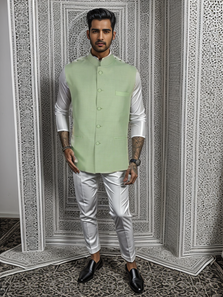 WINTAGE Men's Linen Cotton Green Modi Nehru Jacket : Green
