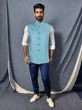 Blacksmith Cotton Blue Turquoise Modi Jacket for Men - Cotton Blue Turquoise Nehru Jacket for Men