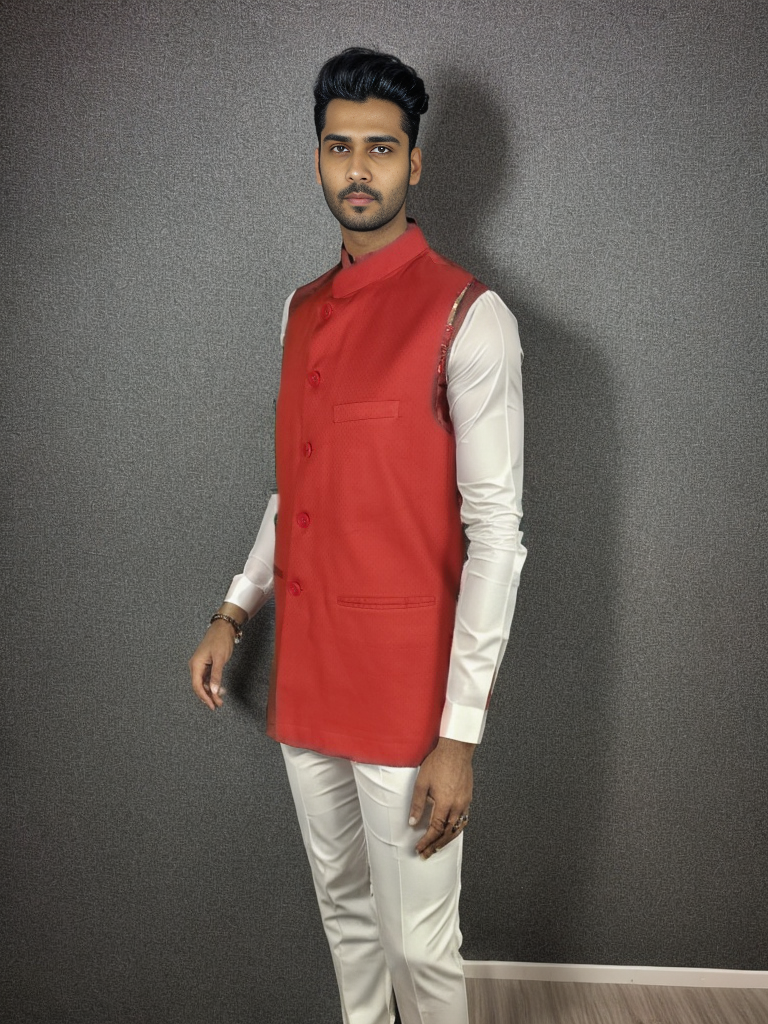 Blacksmith Red Linen Modi Jacket for Men -Red Linen Nehru Jacket for Men |  Blacksmith Fashion