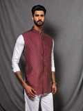 Blacksmith Maroon and White Squares Jacquard Modi Jacket for Men - Maroon and White Squares Nehru Jacket for Men