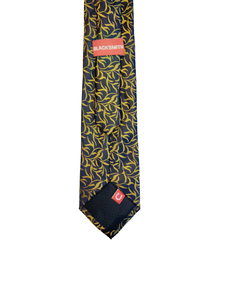 Blacksmith Navy Blue And Yellow Leaves Jacquard Tie for Men