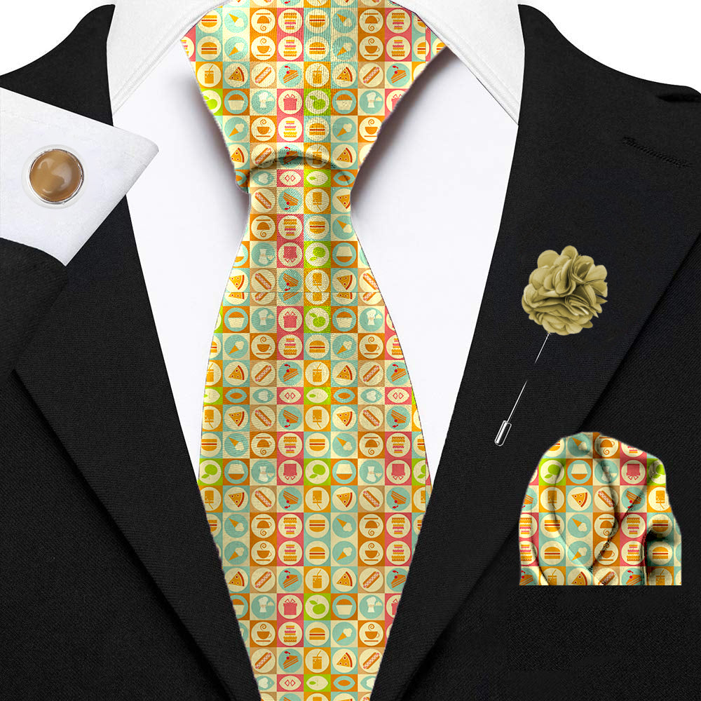 Blacksmith Cream Aromatic Breakfast Printed Tie and Pocket Square Set for Men with Natural Stone Cufflink and Matching Flower Lapel Pin for Blazer , Tuxedo or Coat