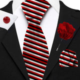 Blacksmith Red,Black and White Stripes Printed Tie and Pocket Square Set for Men with Natural Stone Cufflink and Matching Flower Lapel Pin for Blazer , Tuxedo or Coat