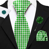 Blacksmith Green and White Checks Printed Tie and Pocket Square Set for Men with Natural Stone Cufflink and Matching Flower Lapel Pin for Blazer , Tuxedo or Coat