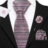 Blacksmith Light Pink Chevron Printed Tie and Pocket Square Set for Men with Natural Stone Cufflink and Matching Flower Lapel Pin for Blazer , Tuxedo or Coat