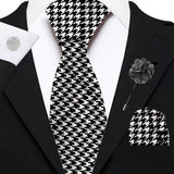 Blacksmith Black and White Houndstooth Printed Tie and Pocket Square Set for Men with Natural Stone Cufflink and Matching Flower Lapel Pin for Blazer , Tuxedo or Coat