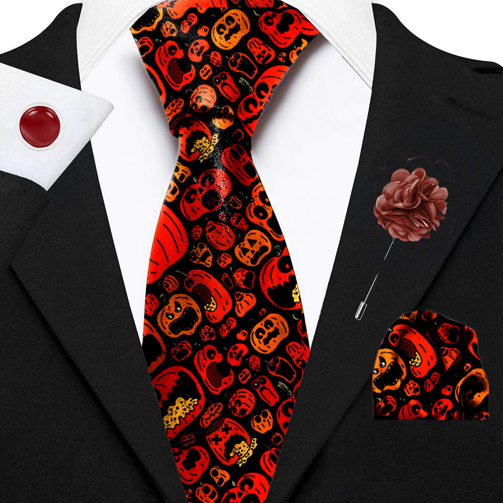 Blacksmith Black and Orange Pumpkin Printed Tie and Pocket Square Set for Men with Natural Stone Cufflink and Matching Flower Lapel Pin for Blazer , Tuxedo or Coat