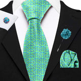 Blacksmith Polka Blue and Green Dots Printed Tie and Pocket Square Set for Men with Natural Stone Cufflink and Matching Flower Lapel Pin for Blazer , Tuxedo or Coat