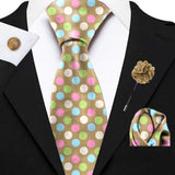 Blacksmith Polka Brown Printed Tie and Pocket Square Set for Men with Natural Stone Cufflink and Matching Flower Lapel Pin for Blazer , Tuxedo or Coat