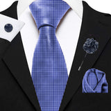 Blacksmith Navy Blue Gingham Checks Printed Tie and Pocket Square Set for Men with Natural Stone Cufflink and Matching Flower Lapel Pin for Blazer , Tuxedo or Coat