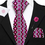 Blacksmith Dark Pink Chevron Printed Tie and Pocket Square Set for Men with Natural Stone Cufflink and Matching Flower Lapel Pin for Blazer , Tuxedo or Coat