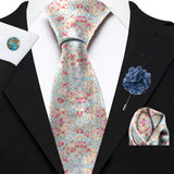 Blacksmith Blue Spanish Paisley Printed Tie and Pocket Square Set for Men with Natural Stone Cufflink and Matching Flower Lapel Pin for Blazer , Tuxedo or Coat