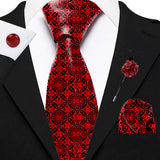 Blacksmith Black and Red Star Printed Tie and Pocket Square Set for Men with Natural Stone Cufflink and Matching Flower Lapel Pin for Blazer , Tuxedo or Coat