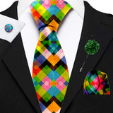 Blacksmith Multicolor Water Checks Printed Tie and Pocket Square Set for Men with Natural Stone Cufflink and Matching Flower Lapel Pin for Blazer , Tuxedo or Coat