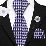 Blacksmith Navy Blue and White Houndstooth Printed Tie and Pocket Square Set for Men with Natural Stone Cufflink and Matching Flower Lapel Pin for Blazer , Tuxedo or Coat