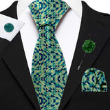 Blacksmith Abstract Blue and Green Printed Tie and Pocket Square Set for Men with Natural Stone Cufflink and Matching Flower Lapel Pin for Blazer , Tuxedo or Coat