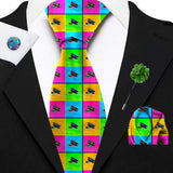 Blacksmith Multicolor Pop Art Aeroplane Printed Tie and Pocket Square Set for Men with Natural Stone Cufflink and Matching Flower Lapel Pin for Blazer , Tuxedo or Coat