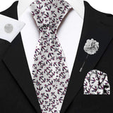 Blacksmith White Anchor Trance Printed Tie and Pocket Square Set for Men with Natural Stone Cufflink and Matching Flower Lapel Pin for Blazer , Tuxedo or Coat