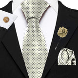 Blacksmith Tiny Blue Hearts Cream Printed Tie and Pocket Square Set for Men with Natural Stone Cufflink and Matching Flower Lapel Pin for Blazer , Tuxedo or Coat