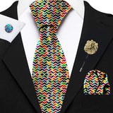 Blacksmith Abstract Multicolor Printed Tie and Pocket Square Set for Men with Natural Stone Cufflink and Matching Flower Lapel Pin for Blazer , Tuxedo or Coat