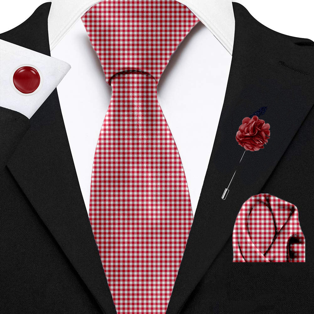 Blacksmith Red Gingham Checks Printed Tie and Pocket Square Set for Men with Natural Stone Cufflink and Matching Flower Lapel Pin for Blazer , Tuxedo or Coat