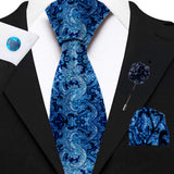 Blacksmith Deep Blue Paisley Printed Tie and Pocket Square Set for Men with Natural Stone Cufflink and Matching Flower Lapel Pin for Blazer , Tuxedo or Coat