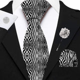 Blacksmith White and Black Zebra Printed Tie and Pocket Square Set for Men with Natural Stone Cufflink and Matching Flower Lapel Pin for Blazer , Tuxedo or Coat