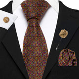 Blacksmith Tiny Brown Circles Printed Tie and Pocket Square Set for Men with Natural Stone Cufflink and Matching Flower Lapel Pin for Blazer , Tuxedo or Coat