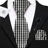 Blacksmith Black and White Checks Printed Tie and Pocket Square Set for Men with Natural Stone Cufflink and Matching Flower Lapel Pin for Blazer , Tuxedo or Coat