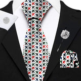 Blacksmith White Colorful Aeroplanes Printed Tie and Pocket Square Set for Men with Natural Stone Cufflink and Matching Flower Lapel Pin for Blazer , Tuxedo or Coat