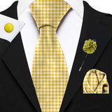 Blacksmith Yellow Gingham Checks Printed Tie and Pocket Square Set for Men with Natural Stone Cufflink and Matching Flower Lapel Pin for Blazer , Tuxedo or Coat