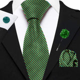 Blacksmith Tropical Green Stripes Printed Tie and Pocket Square Set for Men with Natural Stone Cufflink and Matching Flower Lapel Pin for Blazer , Tuxedo or Coat