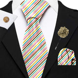 Blacksmith Pink and Cream Stripes Printed Tie and Pocket Square Set for Men with Natural Stone Cufflink and Matching Flower Lapel Pin for Blazer , Tuxedo or Coat