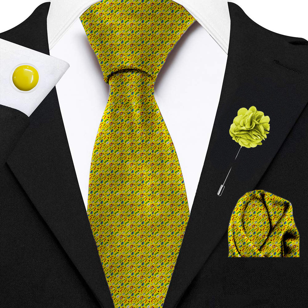 Blacksmith Yellow Boom Pow Printed Tie and Pocket Square Set for Men with Natural Stone Cufflink and Matching Flower Lapel Pin for Blazer , Tuxedo or Coat