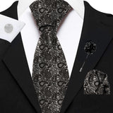 Blacksmith Grey Paisley Printed Tie and Pocket Square Set for Men with Natural Stone Cufflink and Matching Flower Lapel Pin for Blazer , Tuxedo or Coat