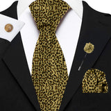 Blacksmith Leopard , Tiger Yellow Printed Tie and Pocket Square Set for Men with Natural Stone Cufflink and Matching Flower Lapel Pin for Blazer , Tuxedo or Coat